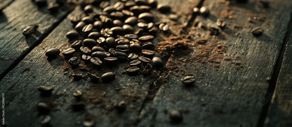 Poster coffee beans and ground coffee scattered on a rustic wooden surface with dim lighting and textures. 