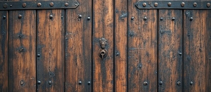 Rustic wooden door with metal accents and lock detailed texture background Copy Space - Powered by Adobe