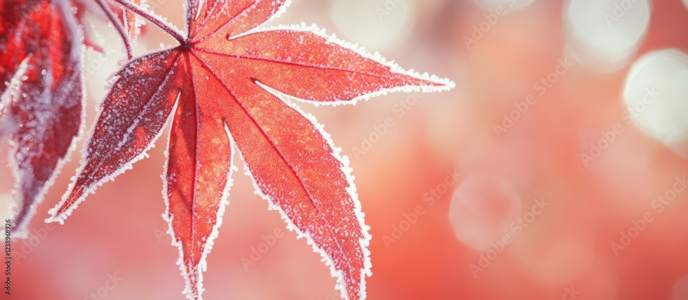 Poster frosty red maple leaf with blurred background depicting autumn season colors and textures, copy spac