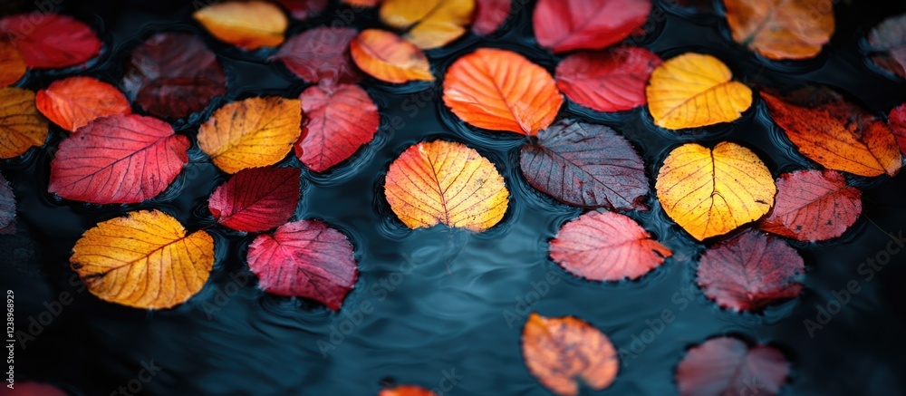 Poster colorful autumn leaves floating on a dark water surface with ripples and reflections copy space