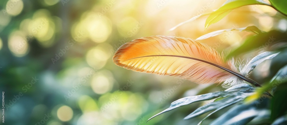 Poster Colorful bird feather resting on green leaves with soft bokeh background and warm sunlight Copy Space