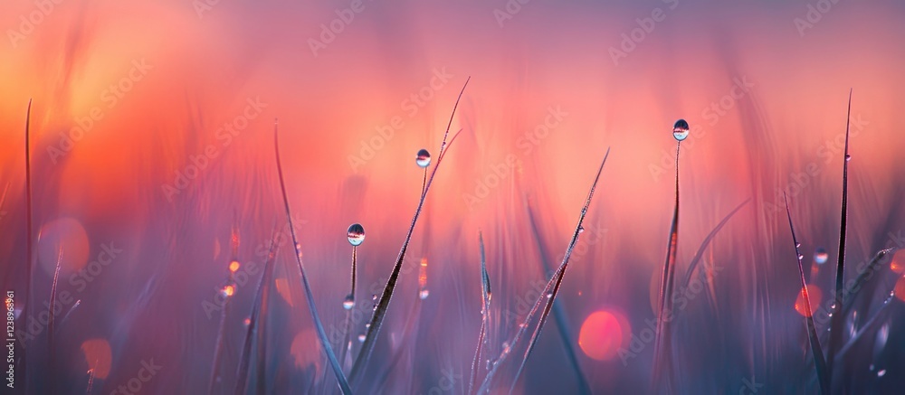 Poster Dew drops on grass blades at sunrise with soft colorful bokeh background and copy space for text