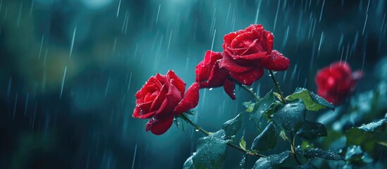 Red roses with raindrops against a blurred background of greenery in a rainy atmosphere Copy Space