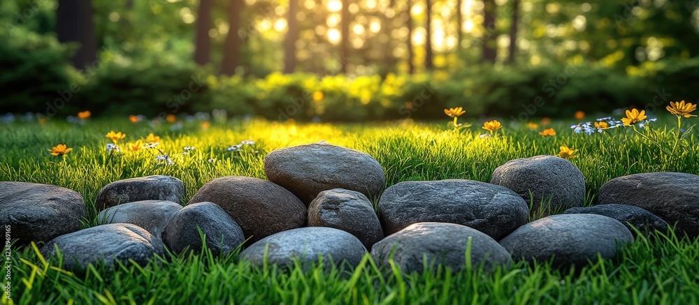 Poster stone arrangement on green grass with wildflowers under soft sunlight in a forest setting copy space