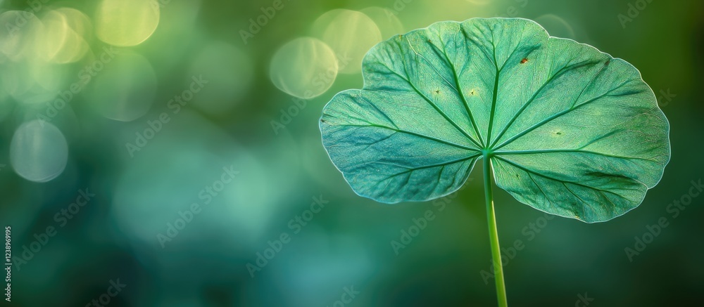 Poster large green lotus leaf with intricate veins on a blurred green background ideal for nature themes an
