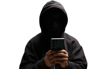 Hacker in hood holding a cellphone isolated on white, transparent. Scam cyber crime concept	