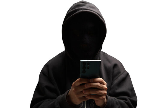 Hacker in hood holding a cellphone isolated on white, transparent. Scam cyber crime concept	