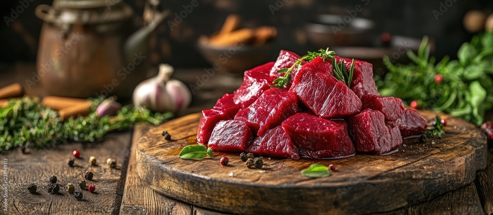 Poster raw diced red meat on wooden cutting board surrounded by herbs and spices in rustic kitchen setting 