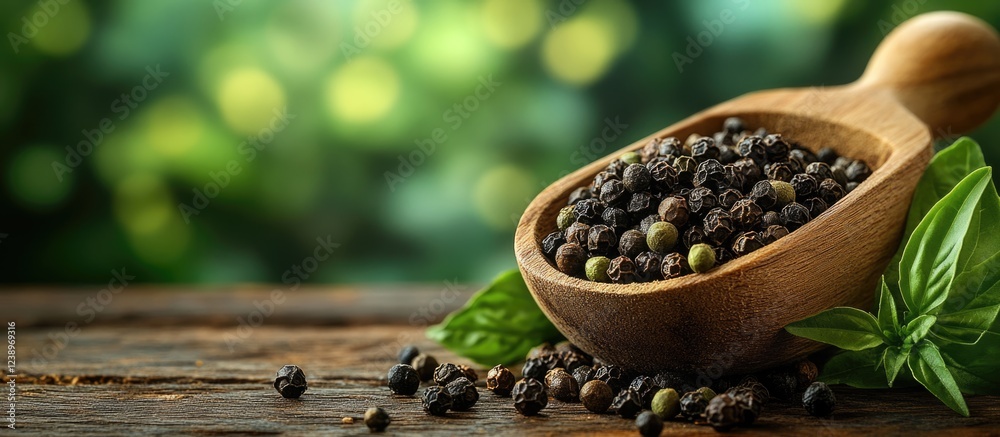 Poster black pepper and green peppercorns in a wooden scoop on a rustic wooden table with basil leaves and 