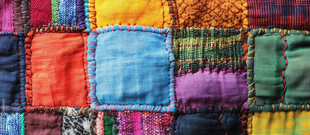 Poster Colorful patchwork quilt with various textile patterns and textures showing intricate stitching and vibrant colors Copy Space
