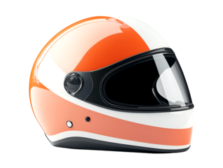 Orange and white motorcycle helmet with visor isolated on transparent background, PNG, cut out