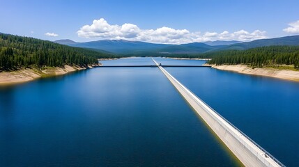 Obraz premium Floating Solar Panels Harnessing Renewable Energy on Tranquil Reservoir