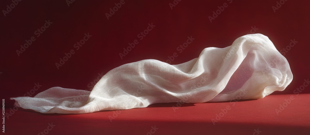 Aufkleber White translucent fabric draped elegantly on a red background with soft lighting and shadows creating a smooth texture and form Copy Space