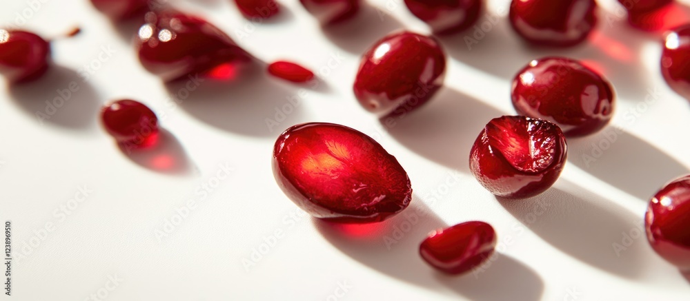 Poster red glossy pomegranate seeds scattered on a white surface with soft shadows and reflections copy spa