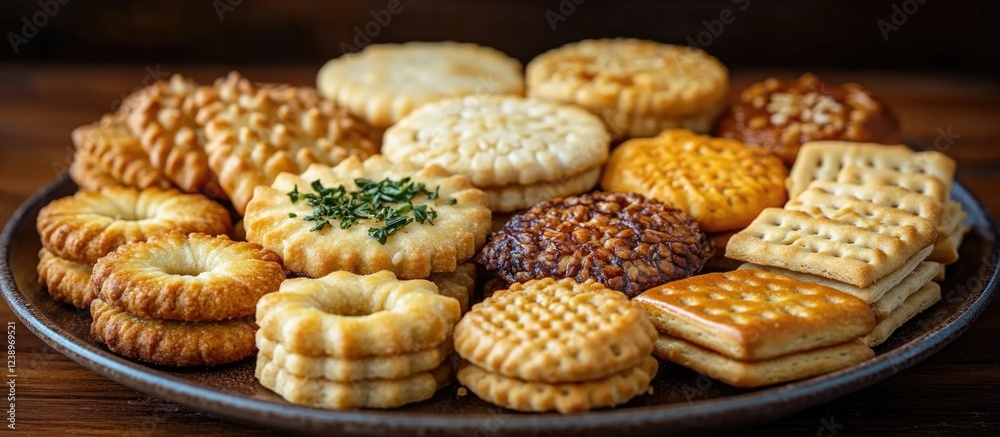 Aufkleber variety of baked cookies and crackers on a round plate with textured surfaces and different colors, 