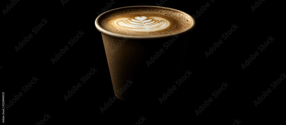 Poster Coffee cup with latte art on top set against a black background with dramatic lighting Copy Space