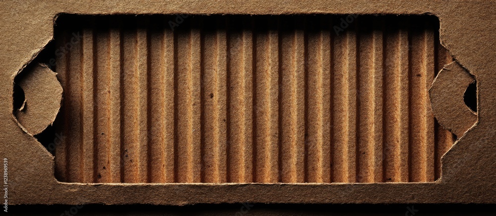 Poster Textured brown cardboard background with cut-out rectangular shape and circular holes on either side showcasing layered interior. Copy Space