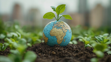 powerful image depicting a small globe emerging from rich soil, with vibrant green leaves sprouting from its top.
