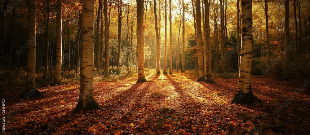 Poster autumn forest landscape with golden light shining through trees and colorful fallen leaves on the gr