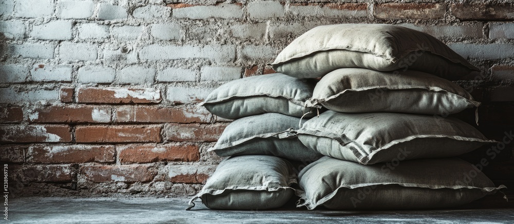Aufkleber Stack of vintage cushions against a textured brick wall in a rustic indoor setting with soft neutral colors and subtle lighting.Copy Space