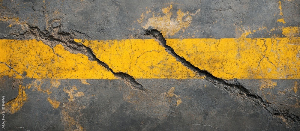 Poster cracked concrete surface with yellow line markings showing weathered texture and detail for urban an