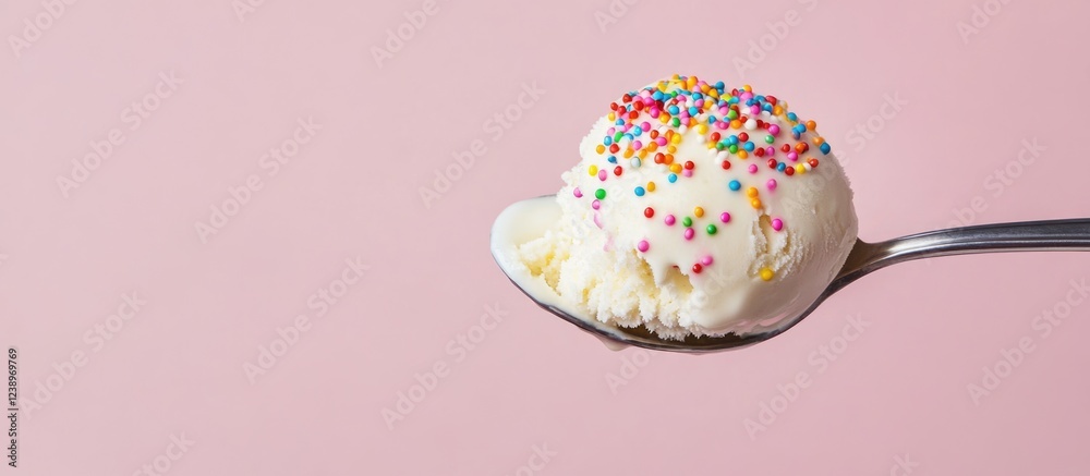 Poster spoon holding a scoop of vanilla ice cream topped with colorful sprinkles on a soft pink background 