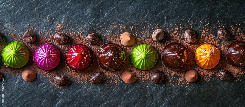 Poster colorful gourmet chocolates arranged on dark slate surface with cocoa powder and nuts, copy space