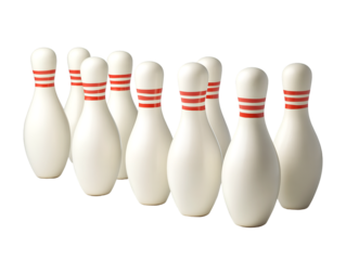 Ten white bowling pins with red stripes standing in a row against a seamless transparent background. This image is perfect for illustrating the game of bowling or for a fun, playful visual. 