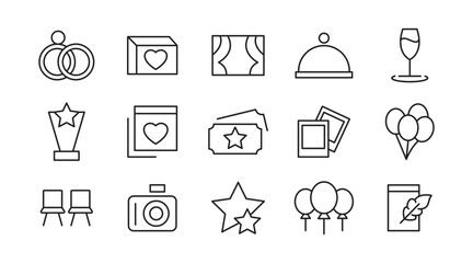 Event Planning line icon set. Containing date, schedule, management, catering, registration, wedding, coordination, invitation, birthday cake, buffet line icon set. UI thin line icon pack.