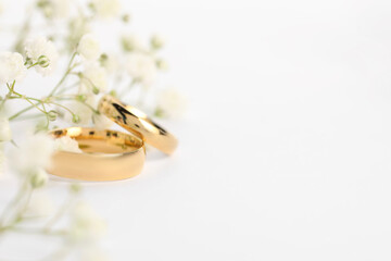 Golden wedding rings and flowers on white background, closeup. Space for text