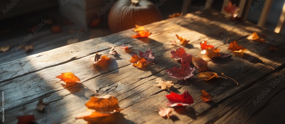 Poster autumn leaves scattered on a rustic wooden table with a pumpkin in the background natural lighting c