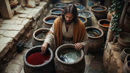 Jesus’ First Miracle – Turning Water into Wine at the Wedding in Cana. Bible. New Testament.