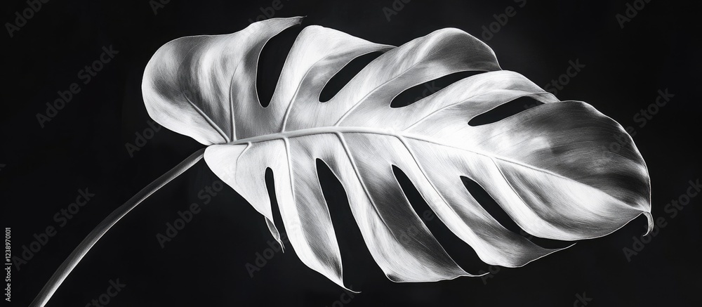 Poster monstera leaf in black and white with high contrast against a dark background showcasing texture and