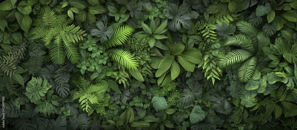 Poster lush green foliage background with various types of leaves and plants in a dense arrangement suitabl
