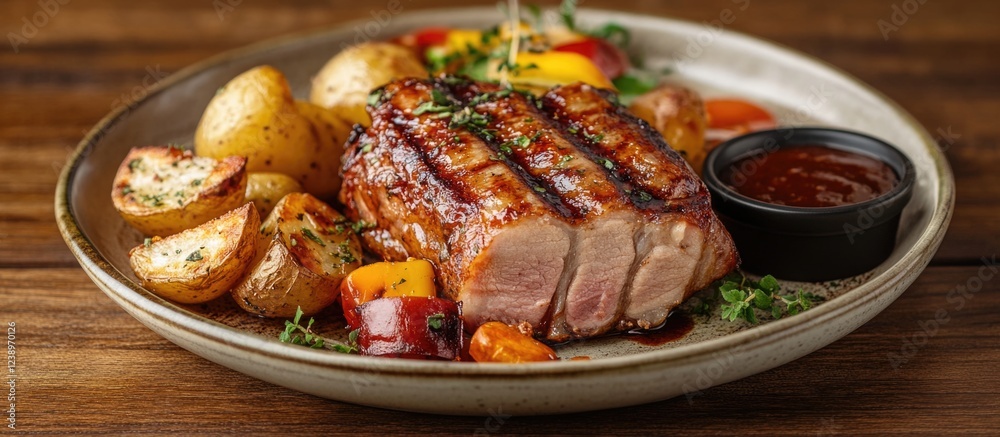 Poster grilled pork loin with roasted potatoes and mixed vegetables served on a plate with dipping sauce on