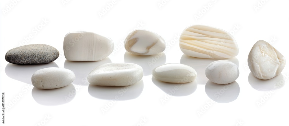 Aufkleber Collection of smooth white stones and a dark gray pebble arranged in a row on reflective surface with ample copy space