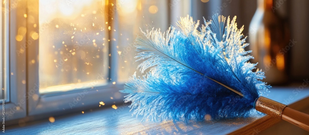 Aufkleber Blue duster placed on a wooden surface by the window with sunlight filtering through creating a warm atmosphere and dust particles in the air Copy Space
