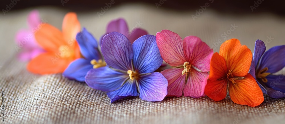 Poster colorful flower arrangement with orange pink and purple blossoms on a textured background featuring 