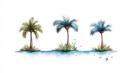 Fototapeta premium Hand-painted watercolor illustration of tropical palm trees near a serene water landscape