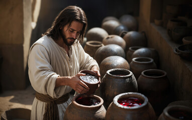 Jesus&rsquo; First Miracle &ndash; Turning Water into Wine at the Wedding in Cana. Bible. New Testament.