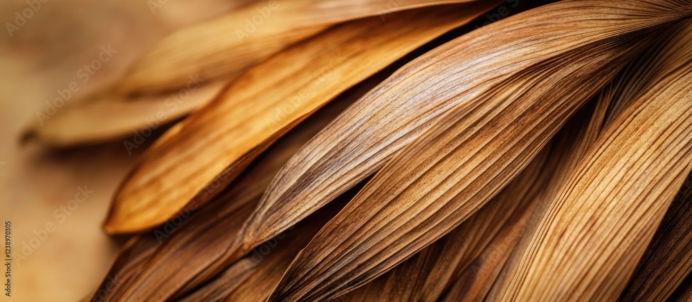 Poster Close-up view of dried brown textured leaves with intricate veins and patterns on a blurred natural background Copy Space