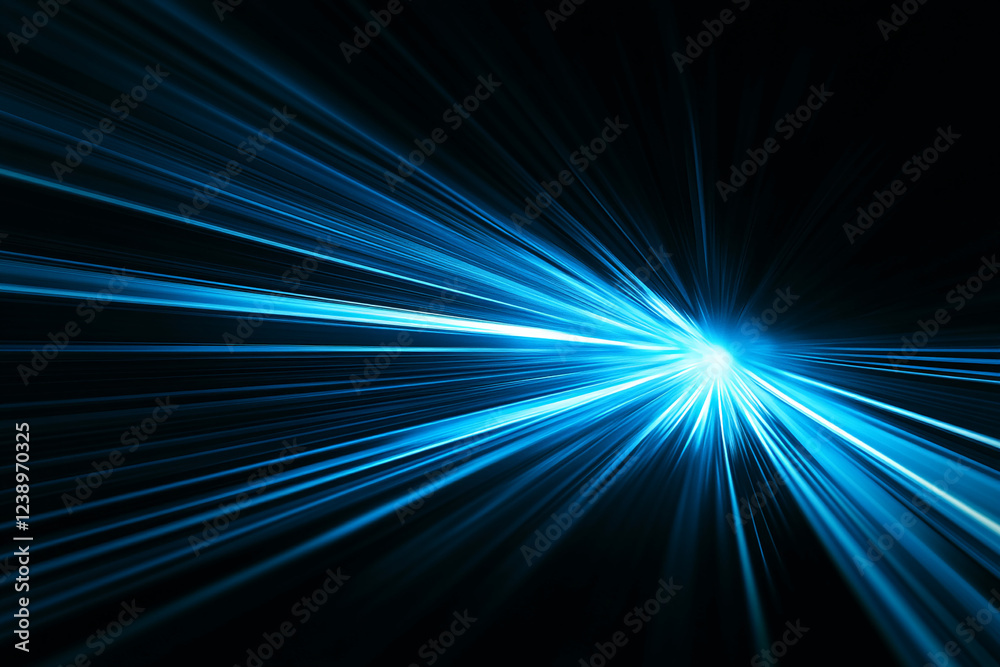Poster abstract futuristic blue light rays extending from the center in all directions against a black back