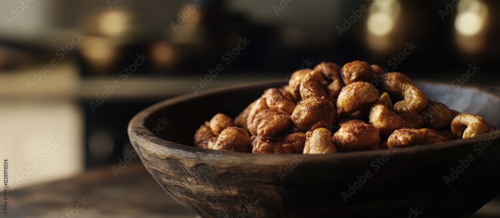 Poster bowl of roasted cashews displayed on a wooden table with a blurred background and warm lighting copy