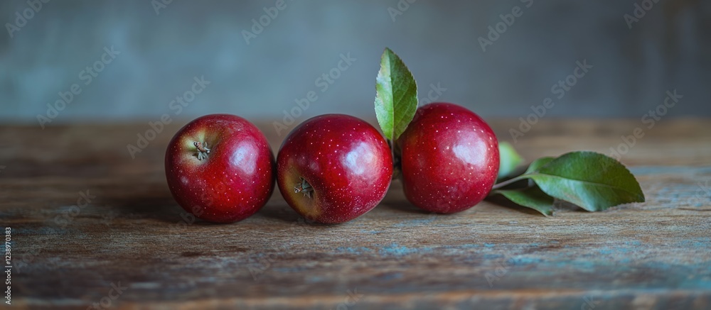 Poster fresh red apples with green leaves on a wooden surface against a textured background copy space