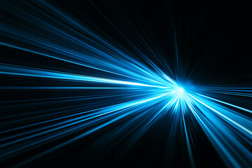 Abstract futuristic blue light rays extending from the center in all directions against a black background, representing speed, energy, and technology.
