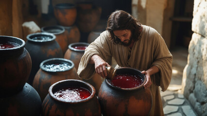 Jesus&rsquo; First Miracle &ndash; Turning Water into Wine at the Wedding in Cana. Bible. New Testament.