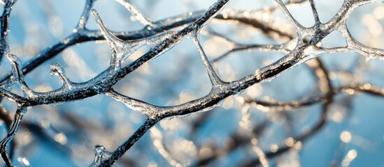 Icy branches with frozen droplets glistening in sunlight against a blurred blue background Copy Space