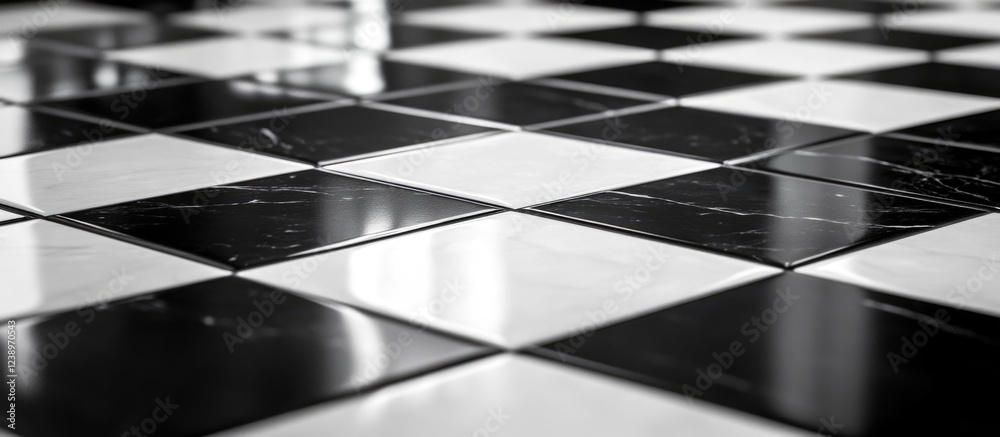 Poster black and white checkered marble tile floor background with glossy finish and reflections copy space