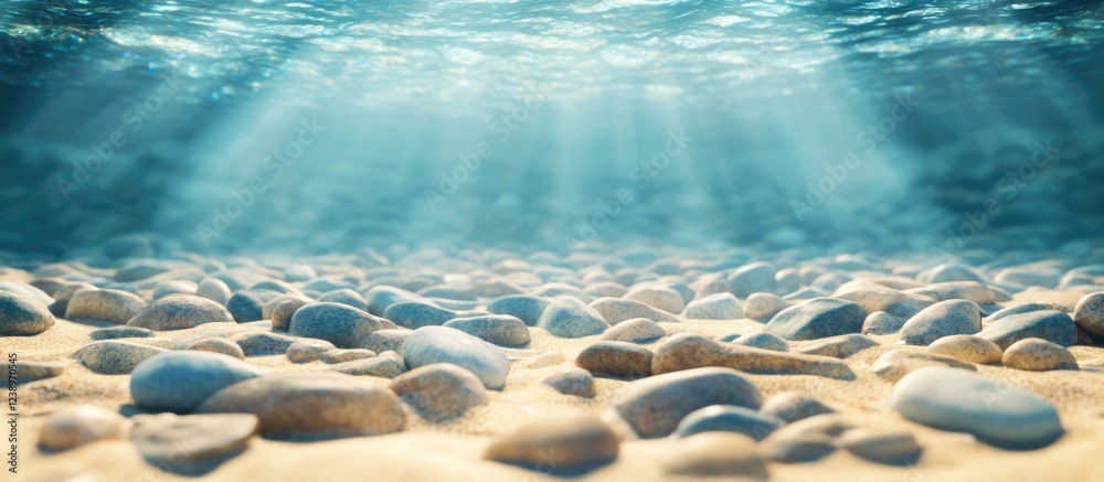 Poster underwater view of pebbles on the sandy ocean floor with sun rays illuminating the scene copy space