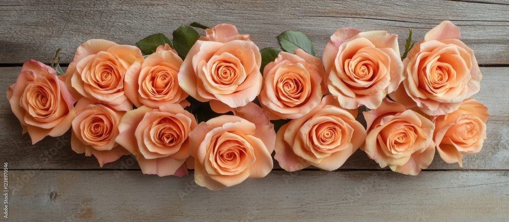 Aufkleber Peach roses arrangement on wooden background with leaves and visible texture featuring copy space for text